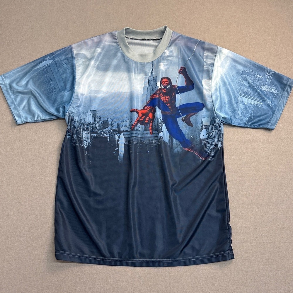 Spider-Man Marvel Graphic T-Shirt Mens All Over City Print Blue Short Sleeve